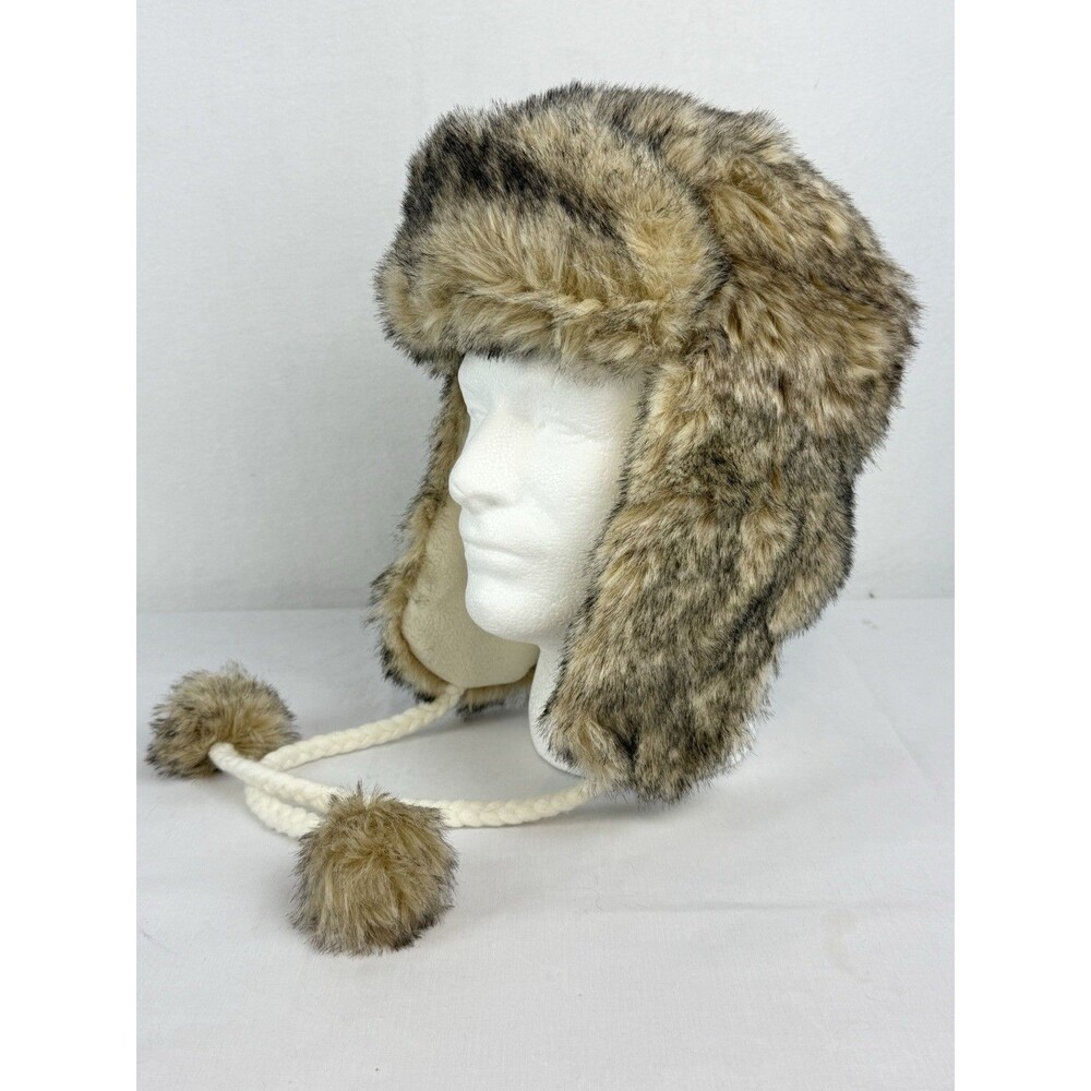 American Eagle Trapper Hat White Brown Faux Fur Ear Flaps Winter Snow Hat
